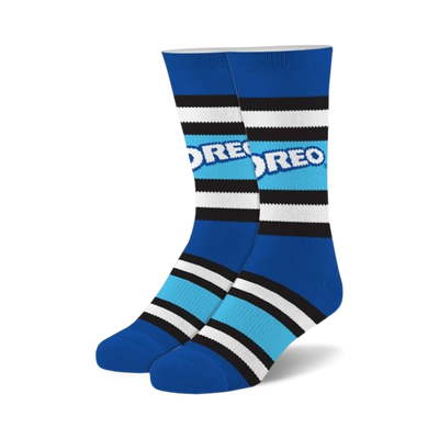 Pair of Oreo Fuzzy crew socks. Blue, white, and black horizontal stripes with the Oreo logo. Soft, fuzzy texture.
