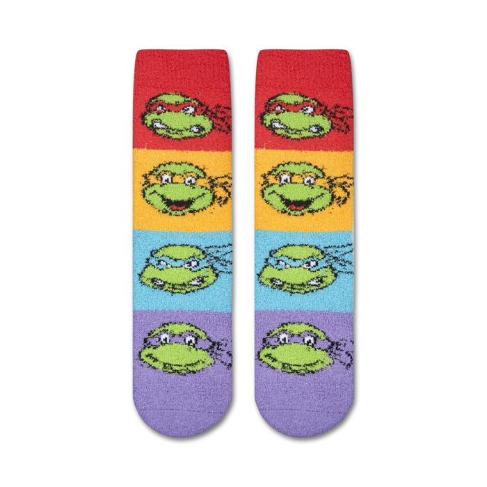 Close-up showing the fuzzy texture of the Teenage Mutant Ninja Turtles socks.  The detail shot highlights the soft material.