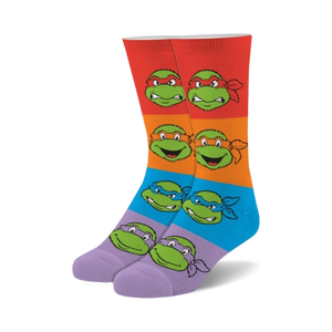 Teenage Mutant Ninja Turtles crew socks.  Multicolored stripes with fuzzy texture, featuring the Turtles' faces.