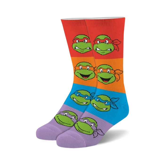Teenage Mutant Ninja Turtles crew socks.  Multicolored stripes with fuzzy texture, featuring the Turtles' faces.