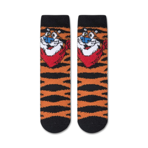 Close-up shot of a pair of Tony the Tiger fuzzy socks, showcasing the texture and detail of the design.