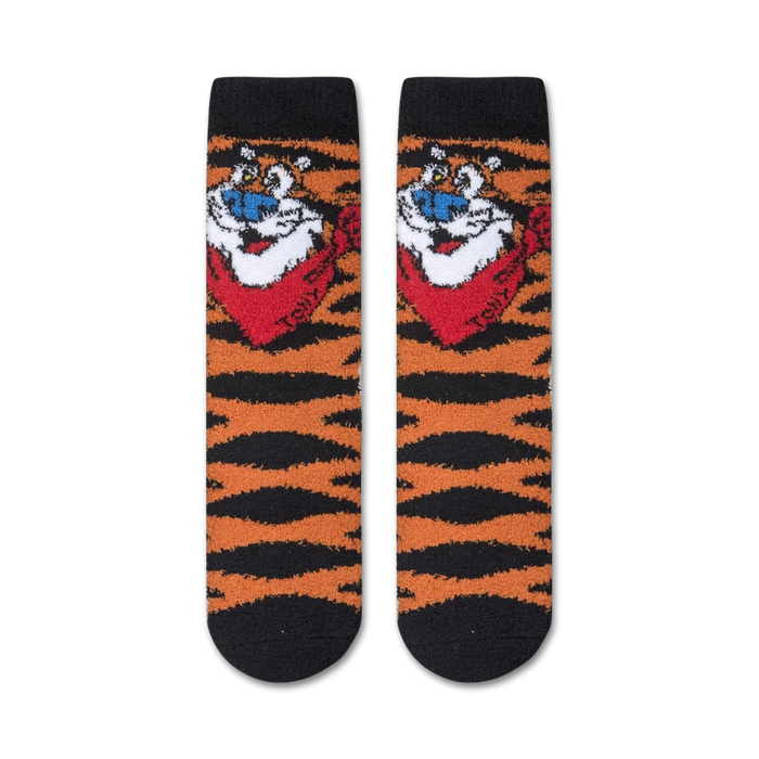 Close-up shot of a pair of Tony the Tiger fuzzy socks, showcasing the texture and detail of the design.