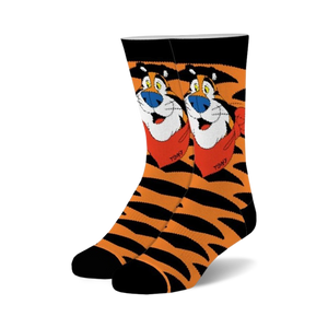 Pair of black and orange fuzzy crew socks featuring Tony the Tiger from Frosted Flakes cereal.