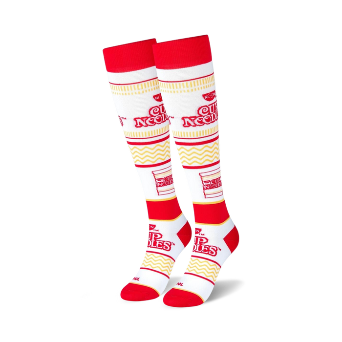 red stripe and cup noodles logo against white wavy background. knee-high socks for men and women.  