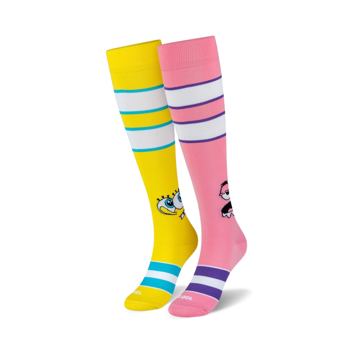 pink and yellow knee-high spongebob and patrick socks for men and women.  