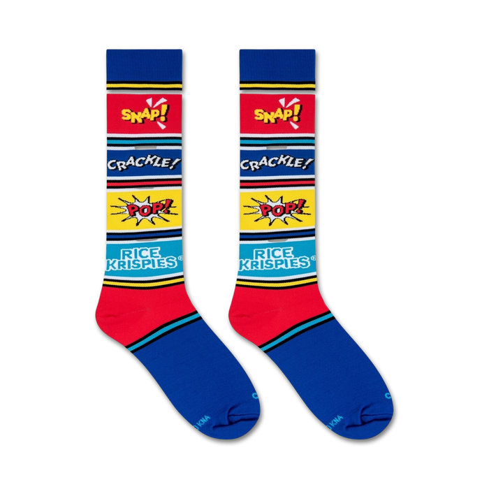 A pair of blue socks with red and yellow stripes at the top and red feet. The word 