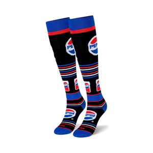 pepsi knee-high socks in black with blue and red striped pattern and pepsi logo. unisex.   