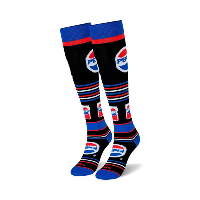 pepsi knee-high socks in black with blue and red striped pattern and pepsi logo. unisex.   