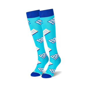 blue knee-high socks with an all-over pattern of pop tarts toaster pastries; for men and women.  