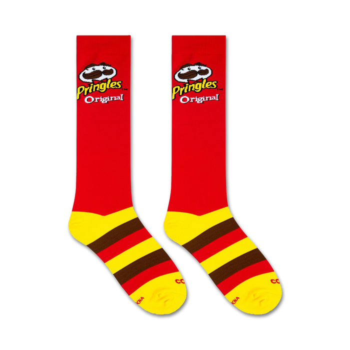 Flat lay of two Pringles-themed knee-high socks on a white background.