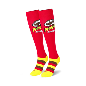 Close-up shot of the Pringles logo on a red knee-high sock.