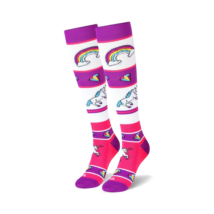 knee-high white socks with pink, purple, and yellow unicorns, rainbows, and diamonds.    }}