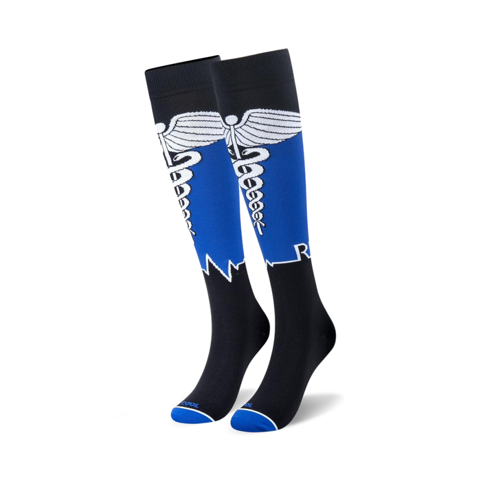 blue caduceus rn socks with ekg pattern, high, for men and women, caduceus, rn, ekg socks, blue, black, white.  
