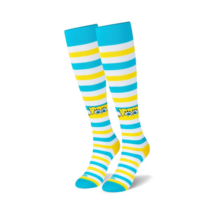 blue and white striped knee high socks with an image of spongebob peeking over the top. available for men and women. 