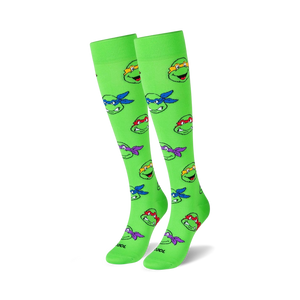 [keywords: tmnt, teenage mutant ninja turtles, green, knee high, fun, socks, men, women] tmnt heads knee high socks: show your turtle power with these fun green socks featuring a repeating pattern of the turtles' heads.   