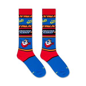 A pair of red and blue socks with the Frosted Flakes logo on them. The logo features Tony the Tiger, the mascot for Frosted Flakes, and the words 