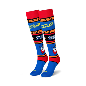 blue knee-high socks with image of tony the tiger mascot from frosted flakes cereal.   
