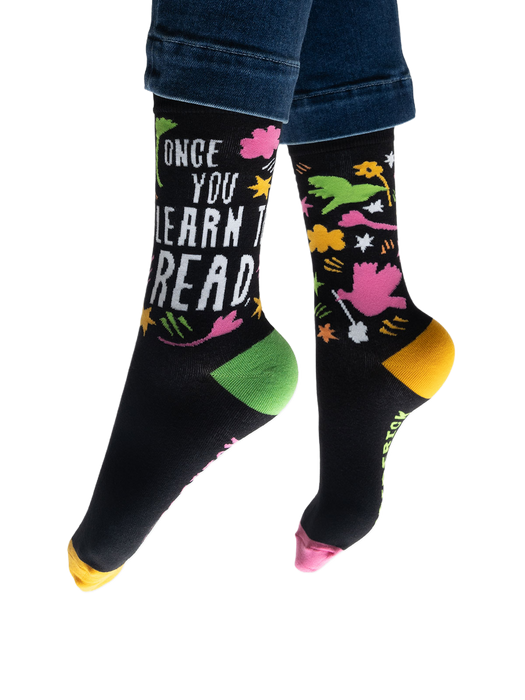 Flatlay image showing both socks laid flat, showcasing the full design.