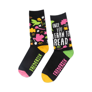 Close-up detail shot of the sock's design, highlighting the playful illustrations and text.