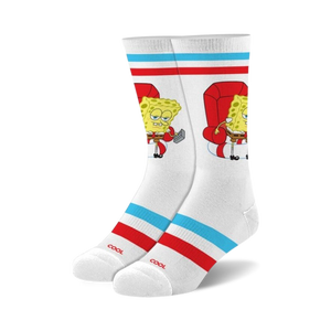 Pair of white crew socks with red and teal stripes. Spongebob Squarepants is featured lounging in a red armchair with a remote.