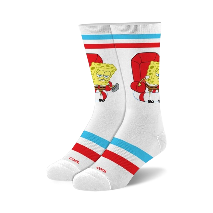 Pair of white crew socks with red and teal stripes. Spongebob Squarepants is featured lounging in a red armchair with a remote.
