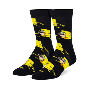 Pair of black crew socks with a repeating pattern of yellow Spongebob Squarepants in a prehistoric pose.