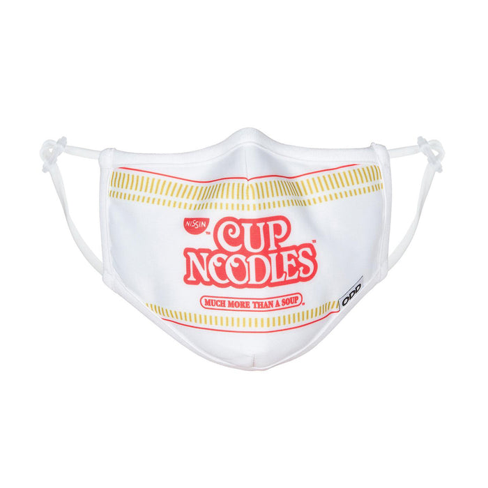 white cup noodles socks with red rectangle yellow cup noodles text and logo. patterns include a yellow line on the top and bottom.  