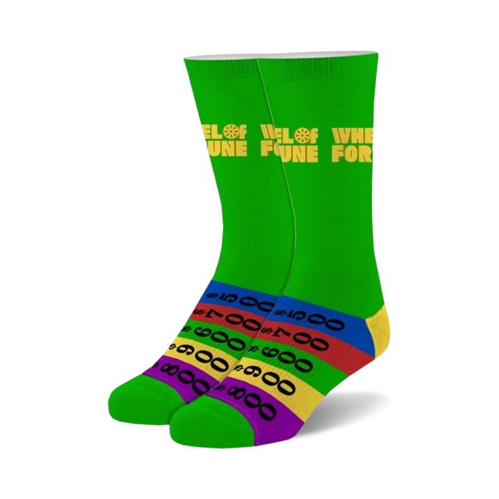 wheel of fortune green crew socks feature colorful numbers and letters. for men and women.    }}