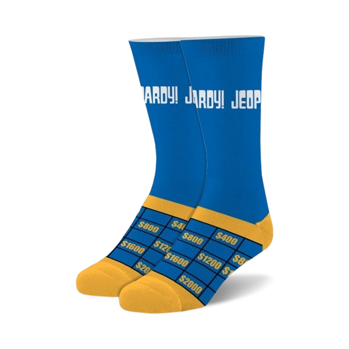 Pair of crew socks, blue and gold, featuring the Jeopardy! logo and game board dollar amounts. }}