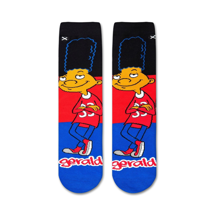 Close-up view of the Hey Arnold! Gerald socks, showcasing the vibrant colors and design details.