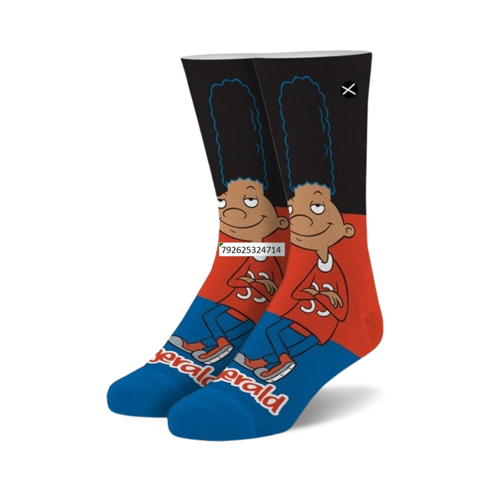 Pair of crew socks featuring Hey Arnold's Gerald; black, red, and blue with a detailed image of Gerald.