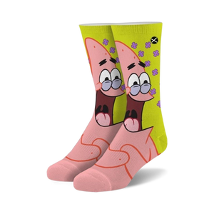 Pair of crew socks featuring Patrick Star from Spongebob. Pink and yellow design with Patrick's face and purple flowers.
