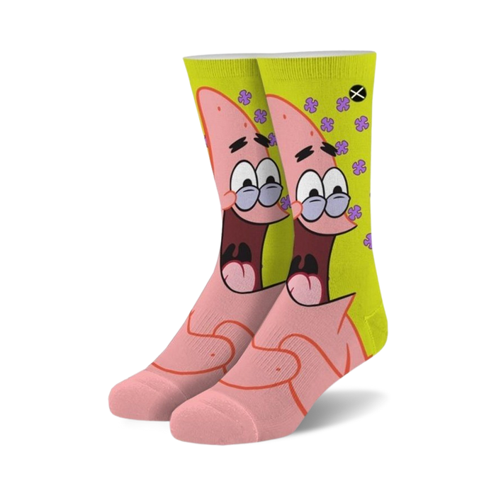 Pair of crew socks featuring Patrick Star from Spongebob. Pink and yellow design with Patrick's face and purple flowers.