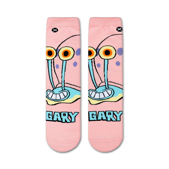 Flatlay showcasing a pair of pink Gary the Snail crew socks, showcasing the full design.
