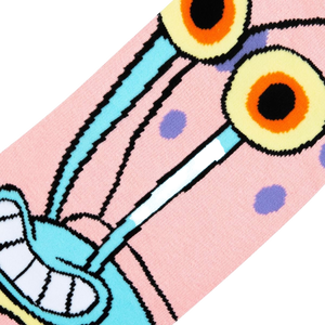 Close-up detail shot of Gary the Snail's face on the pink crew sock, highlighting the intricate design.