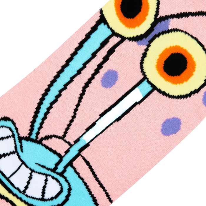Close-up detail shot of Gary the Snail's face on the pink crew sock, highlighting the intricate design.