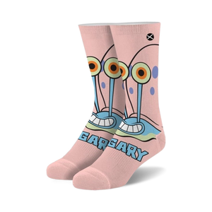 Pair of pink crew socks featuring Gary the Snail's face, blue shell, and signature eyes.  'Gary' is written at the bottom.