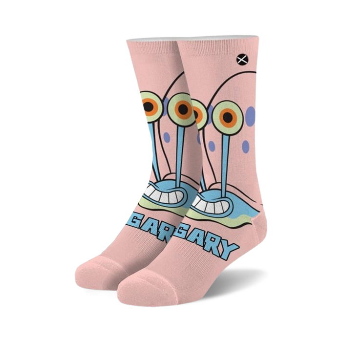 Pair of pink crew socks featuring Gary the Snail's face, blue shell, and signature eyes.  'Gary' is written at the bottom.
