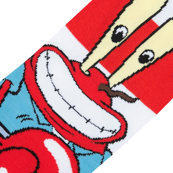 Pair of Mr. Krabs socks shown flat.  Red and white stripes with Mr. Krabs' image on each sock.