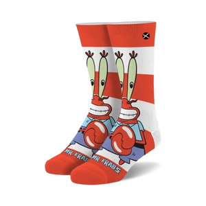 Crew socks in red, white, and blue, featuring Mr. Krabs from Spongebob Squarepants holding a Krabby Patty.