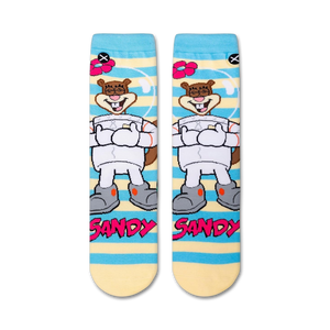 Flatlay product shot of a pair of Spongebob Squarepants Sandy Cheeks crew socks.