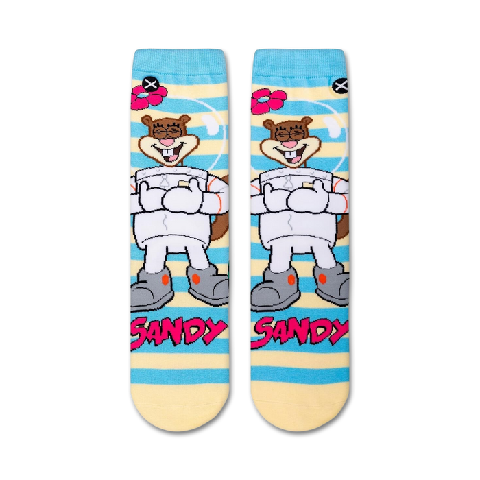 Flatlay product shot of a pair of Spongebob Squarepants Sandy Cheeks crew socks.