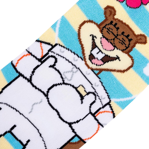 Close-up detail shot of Sandy Cheeks' face on the Spongebob Squarepants Sandy Cheeks crew socks.