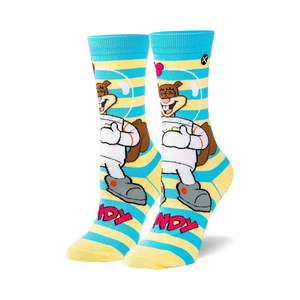 Crew socks in blue and yellow stripes featuring Sandy Cheeks in a spacesuit.  The design includes her smiling face and the words 'Sandy'.