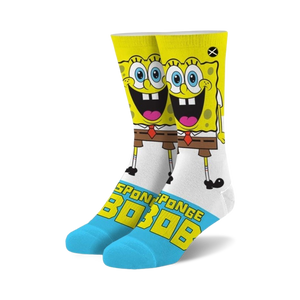Crew socks featuring Spongebob Squarepants.  Yellow, white, and light blue with a full-color image of Spongebob's smiling face.