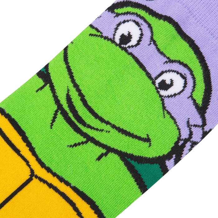 Close-up detail shot of the Donatello's face on the TMNT crew socks.