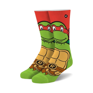 Crew socks featuring Raphael from TMNT. Red, green, and yellow design with Raphael's face and shell.