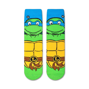 Flatlay showcasing a pair of TMNT Leonardo crew socks, highlighting the design details.