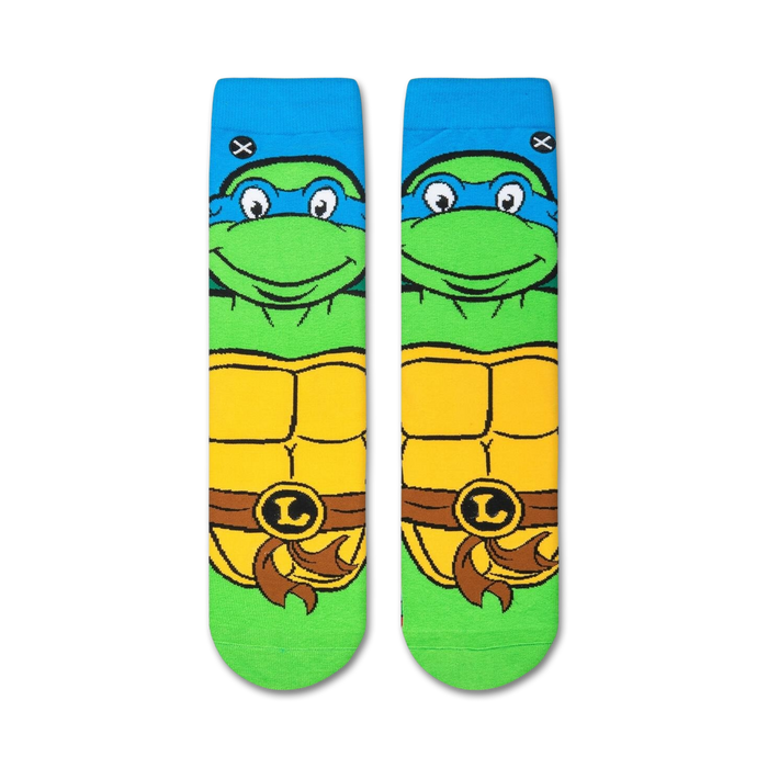 Flatlay showcasing a pair of TMNT Leonardo crew socks, highlighting the design details.