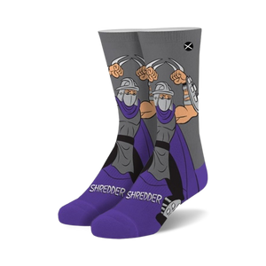 Crew socks in purple and grey featuring Shredder from Teenage Mutant Ninja Turtles.  Shows Shredder's full body with his sais.